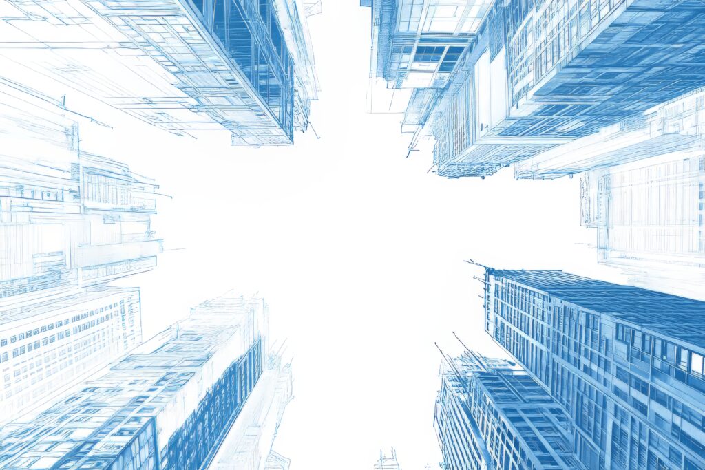 drawing depicting a city's architectural design in 3d with line art