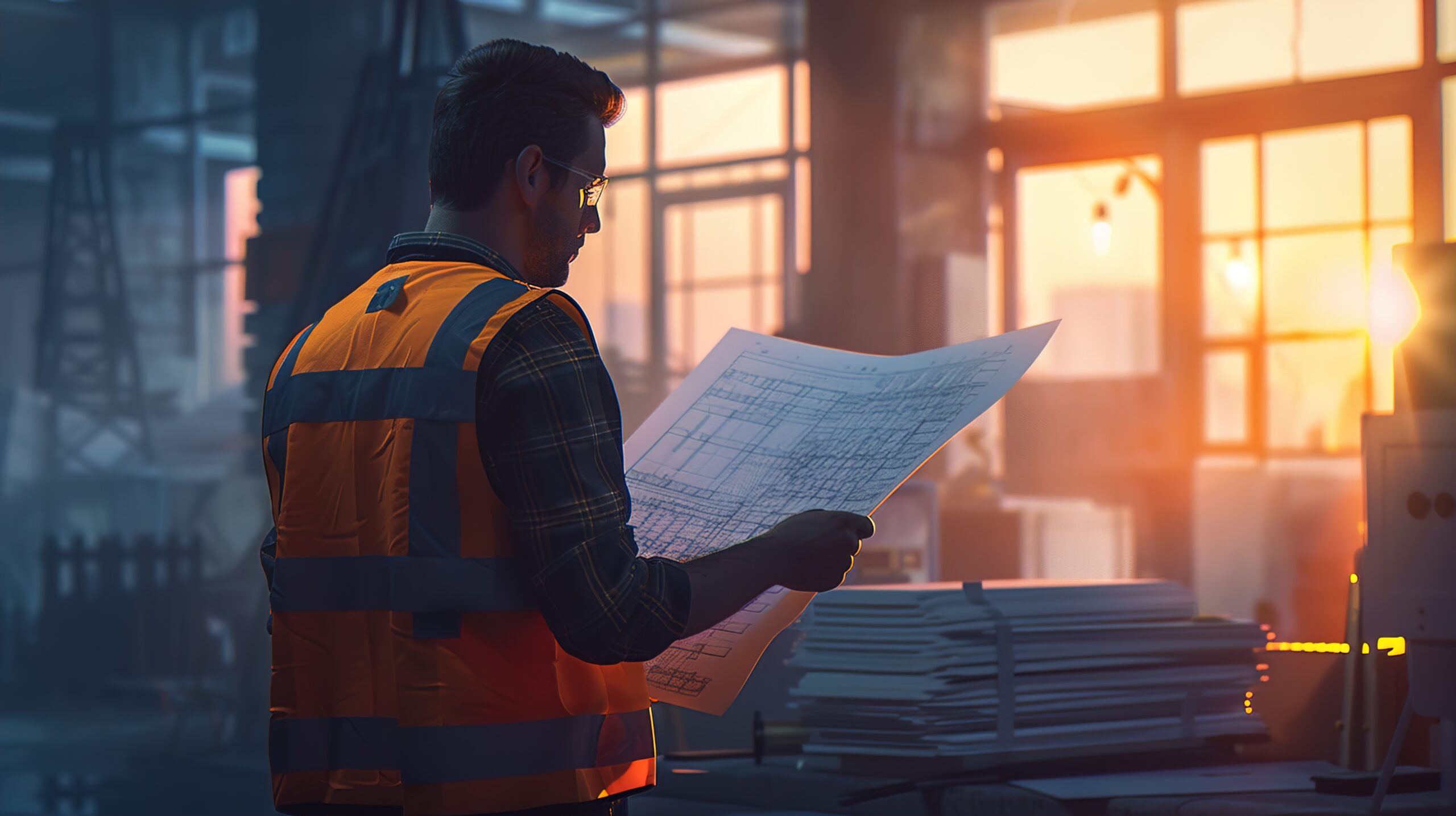 man orange vest is looking paper that says word it