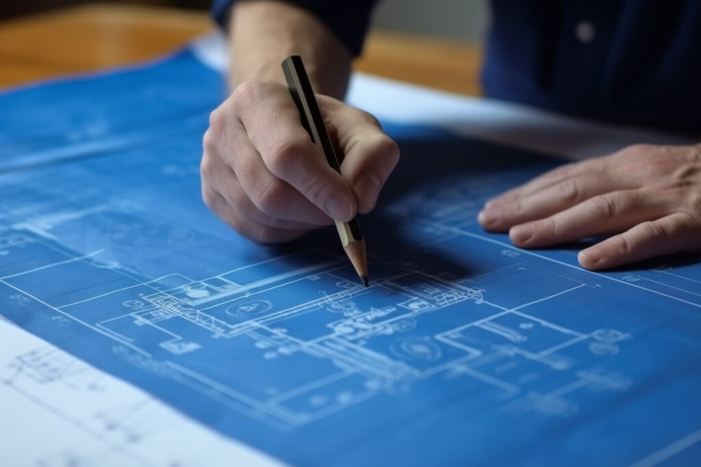 someone is drawing a blueprint with a pencil on a table. generat