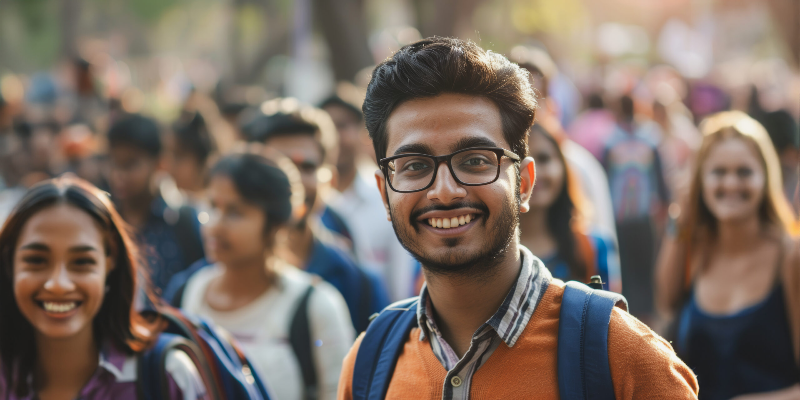 young man standing in crowded street